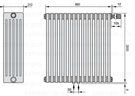 Схема (чертеж) Радиатор Zehnder Charleston 6200/15 №V008 Белый глянцевый RAL 9016